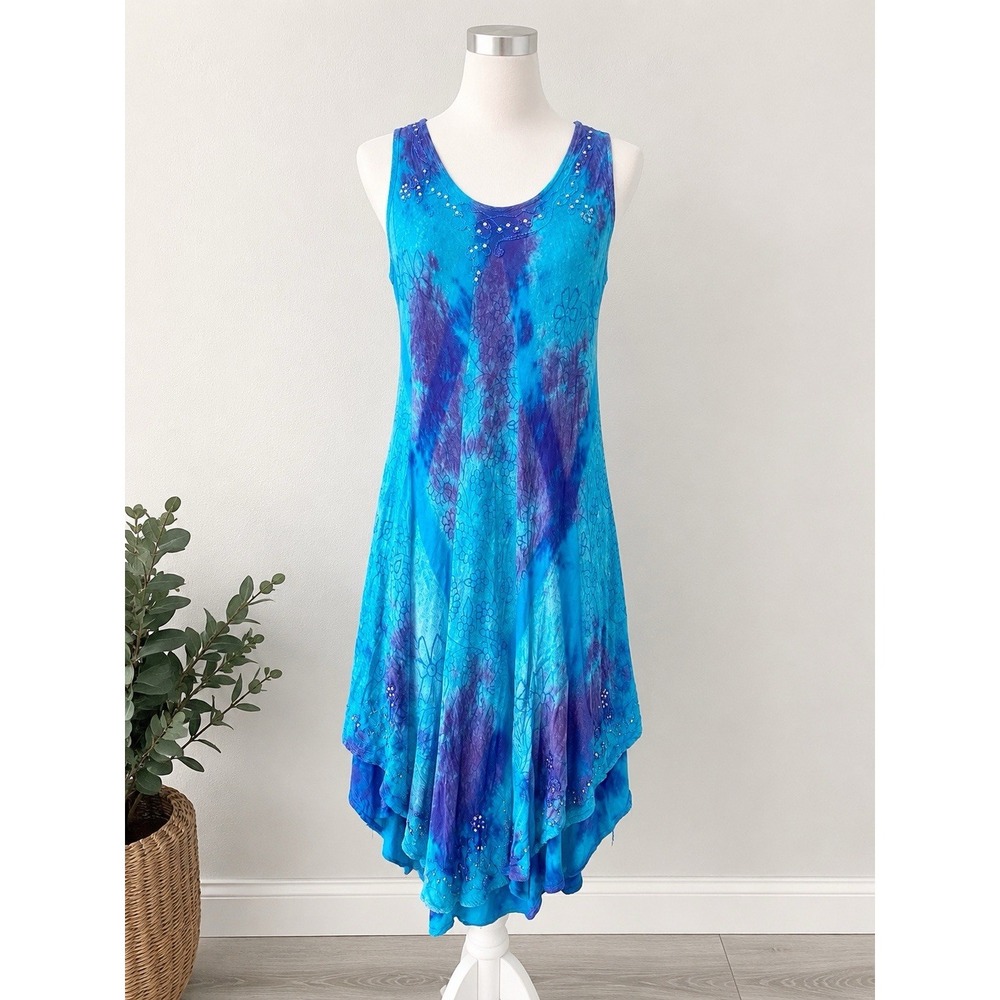 Shoreline Free Size Blue Purple Tie Dye Beaded Handkerchief Hem Dress Floral